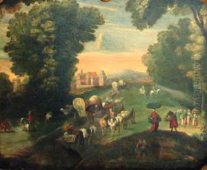 Peasants and travellers on a road by a fortified mansion by Jan The Elder Brueghel