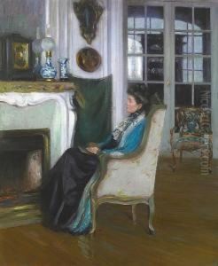 Woman Seated By A Fireplace (a Pensive Moment) by Susan Watkins