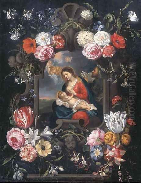 The Virgin and Child in a carved stone cartouche surrounded by flowers - view 1