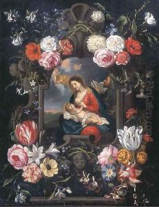 The Virgin and Child in a carved stone cartouche surrounded by flowers by Jan The Elder Brueghel