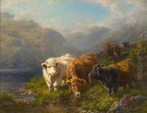 Cattle Watering In A Mountain Glen by Charles A. Watson