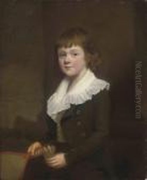 Portrait Of A Young Boy, Traditionally Identified As George Edwardrussell , Three-quarter-length, In A Green Jacket Andwhite Shirt, Before A Column, Holding A Battledore And Ashuttlecock, A Landscape - view 1