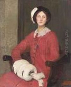 Hilda Spencer Watson, Seated Three-quarter-length, In A Red Coat And Fur Muff by George Spencer Watson