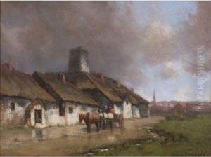 Horse And Cart With Cottage Under Stormy Sky by Homer Ransford Watson
