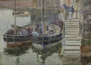 Fishing Boats In Whitby Harbour by James Watson