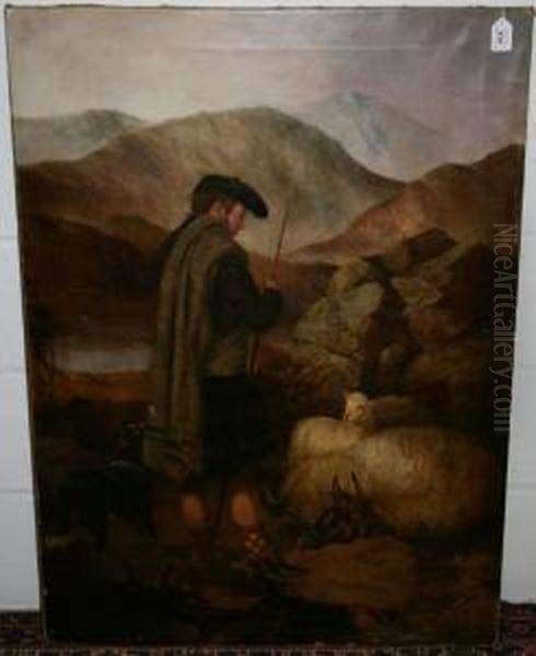 Highland Shepherdwith Sheepdog And Sheep - view 1