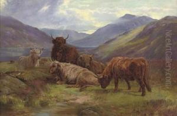 Highland Cattle Resting Beside A Loch - view 1