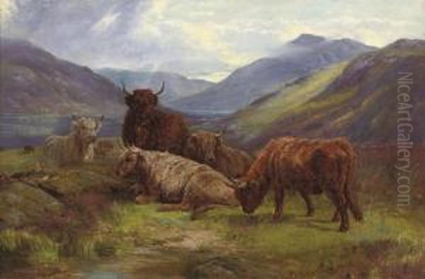 Highland Cattle Resting Before A Loch - view 1