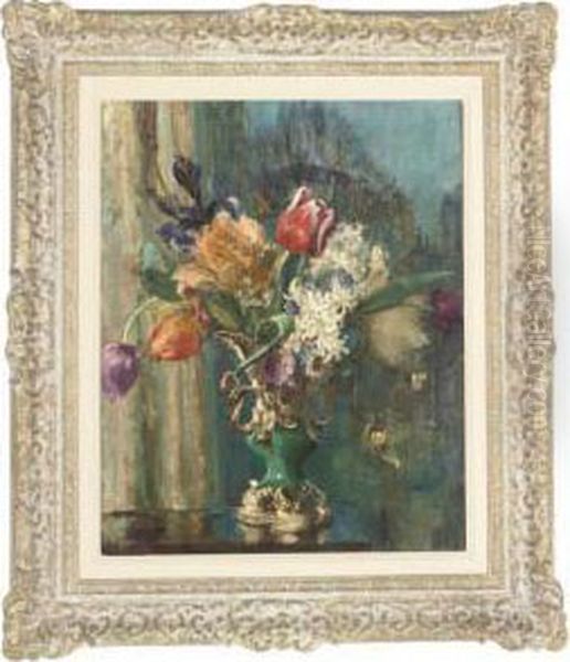 Tulips, Hyacinths And Irises In An Ornate Vase, On A Table - view 1