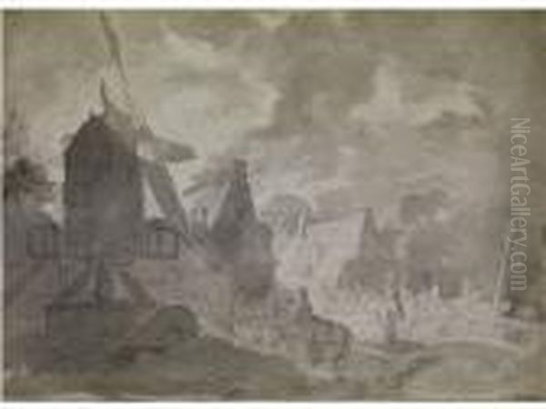 Hollandische Kleinstadt Mit Grosser Windmuhle, Giebelhausern Und Einer Kirche - view 1