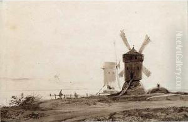 Paysage Aux Trois Moulins Lavis Brun Signe En Bas A Gauche. 13 X 19.60 Cm - view 1