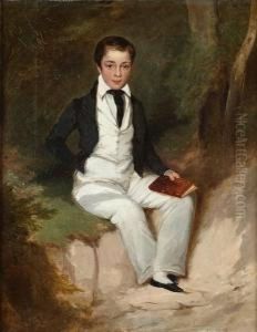 A Portrait Of A Young Boy Seated With A Bookin A Wooded Landscape