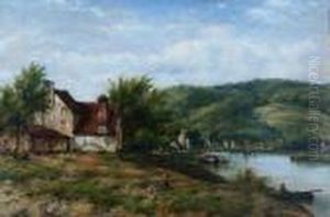 Boats On A River Next To Cottages