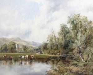 A Landscape With Cattle Watering At A River's Edge And A Village In The Distance by Frederick Waters Watts
