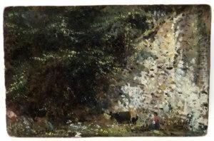 "wooded Landscape With A Figure And A Cow" by Frederick Waters Watts