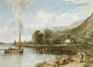 Fishing On The Estuary, With Cattle Watering Nearby by Frederick Waters Watts