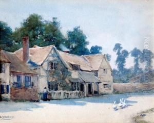 Street Scene, With Cottages And Geese by Louisa Margaret Watts