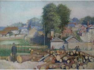 The Outskirts Of A Village, With Soldiers By A Timber Yard
