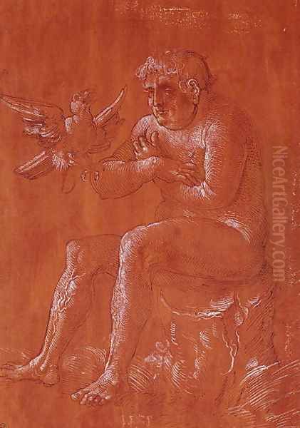 Nude man sitting on a tree trunk listening to a parrot - view 1