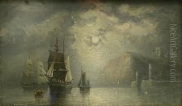 Shipping Off Whitby Harbour By Moonlight - view 1