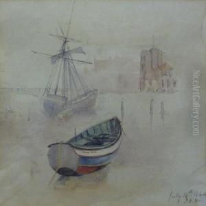 Whitby Fishing Cobble With The Swing Bridge In The Background by Sarah Ellen Weatherill