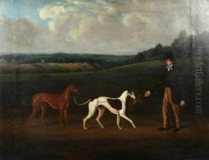 Extensive Landscape With Gentleman And Greyhounds Coursing In Foreground