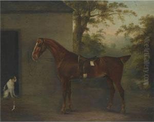 Mr. Yarburgh's Chestnut Hunter Little John With A Terrier Beside Astable In A Landscape