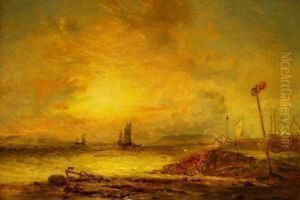 Shipping Off A Harbour At Sunset