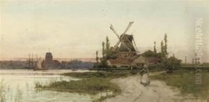 A Windmill By The Coast With Shipping And A Town Beyond by Archibald Webb