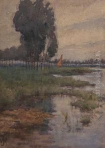 Continental Landscape With Sailing Boat by Josephine Webb