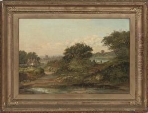 Landscape With A View Of A Cottage And Windmill Beyond by William J. Webbe or Webb