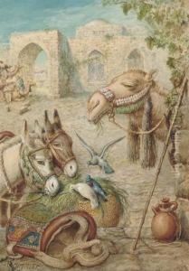 Donkeys And A Camel Resting At The Wayside by William J. Webbe or Webb