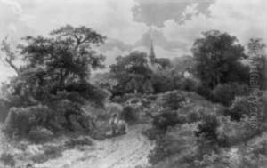 Bewaldete Landschaft Mit Reisigsammler Und Kirchturm by August Weber