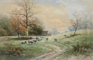 Sheep In Hilly Spring Landscape by Carl Weber