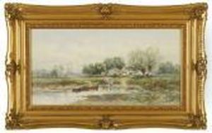 Pastoral Landsdcape With Figures At A Stream by Carl Weber