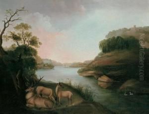 Flusslandschaft Mit Hirschen