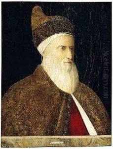 Portrait of Doge Agostino Barbarigo behind a marble parapet wearing robes of gold brocade and the ducal cap 1490-93 by Gentile Bellini