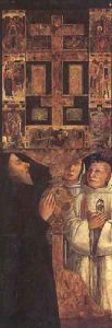 Cardinal Bessarion attended by the two brothers of the Scuola della Carita in prayer with the Bessarion reliquary (tabernacle door) by Gentile Bellini
