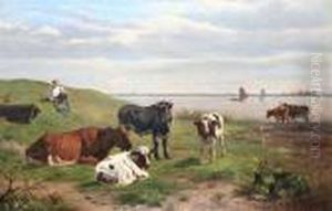 Herdsman And Cattle Watering By An Estuary by Otto Weber