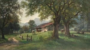 Sonnenbeschienene Almwiese Mit Kuhen Und Hirte Im Schatten Der Baume Ruhend by Paul Weber