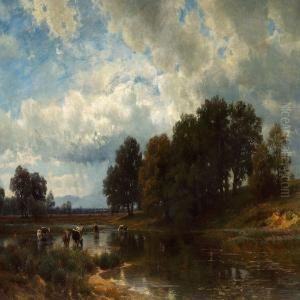 Summer Landscape With Cows At A Stream by Paul Weber