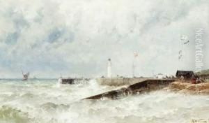 Staketsel En Vuurtoren Bij Woelige Zee