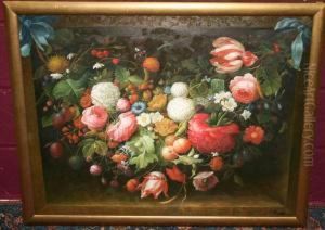 Still Life Study Of A Swag Of Flowers And Fruit