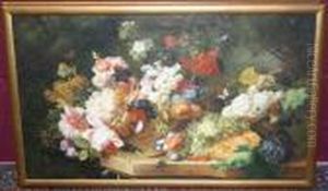 Still Life Studies With Fruit And Flowers On Marble Ledges