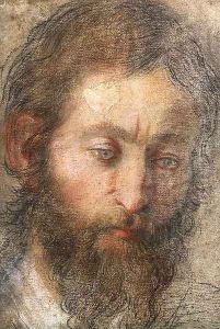 The head of a man looking down