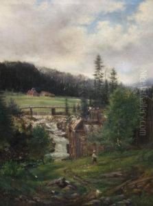 Figure By Cottages By A Forest Clearing With Woodland And Mountains Beyond