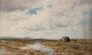 Peat Cutters In An Extensive Irish Landscape by Augustus Watford Weedon