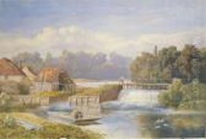 A Man By A Weir Near A Cottage, A Woman In A Punt On The River by Augustus Watford Weedon