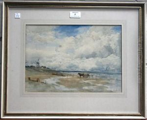 Coastal View With Figures Collecting Seaweed Near A Cart by Augustus Watford Weedon