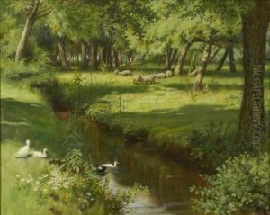 Sheep Grazing Near A Stream by Augustus Watford Weedon